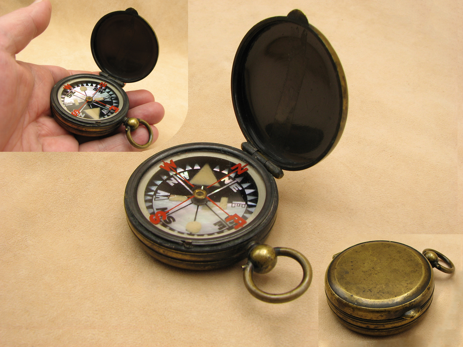 Antique brass cased pocket compass with mother of pearl dial. Circa 1900. Circa 1900